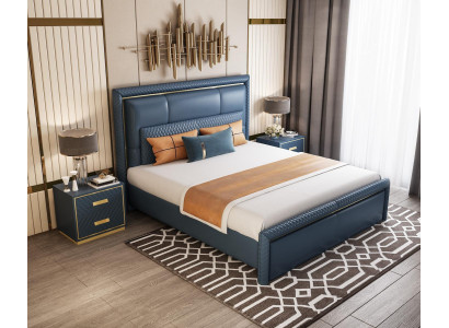 Set de dormitorio cama 2 mesillas de noche 3 piezas Diseño Moderno Lujo Azul Oro