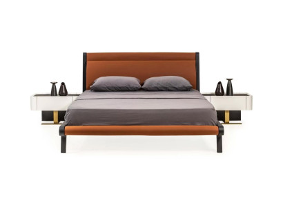 Conjunto de cama doble con mesitas de noche para dormitorio de 3 piezas en color naranja moderno.