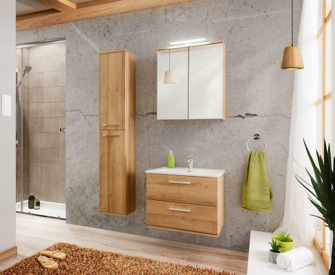 Diseño de muebles de baño de 3 piezas. Conjunto de decoración de baño con armario y lavabo.