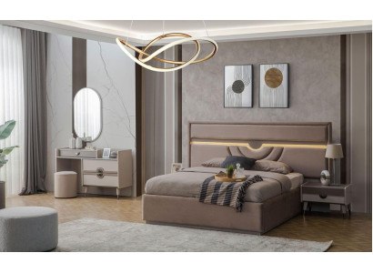 Conjunto de cama doble con mesitas de noche beige de 6 piezas y tocador moderno.