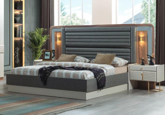 Camas grises Diseñador Dormitorio Cama doble 2x Mesitas de noche de madera 3 piezas