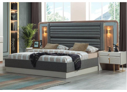 Camas grises Diseñador Dormitorio Cama doble 2x Mesitas de noche de madera 3 piezas