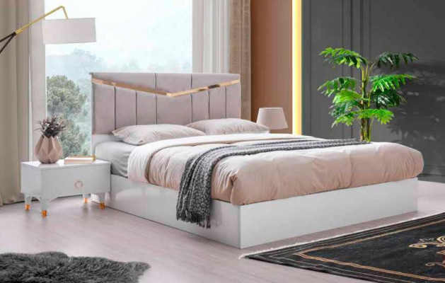 Juego de dormitorio de 3 piezas diseño moderno Cama 2 mesitas de noche Blanco Rosa Bicolor