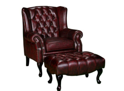 Chesterfield sillón de orejas + taburete Sillón Sofá Juego de tapicería Cuero Textil 16101330